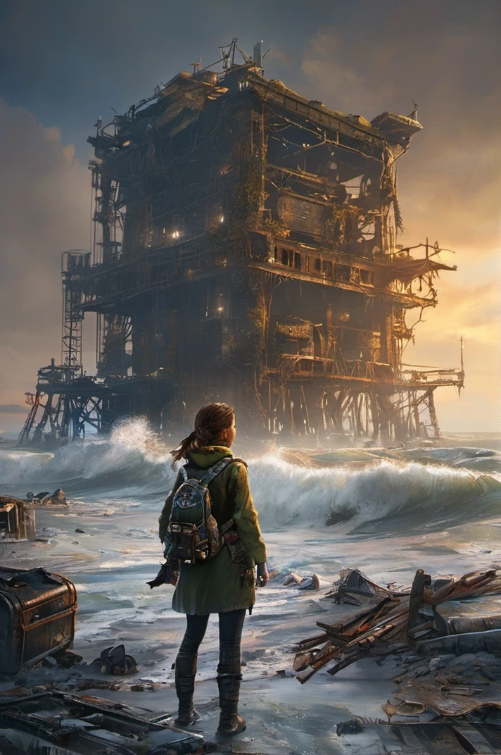 girl in Metro Exodus: Caspian Sea Ruins: A decaying oil rig platform transformed into a makeshift city, surrounded by the vast and dangerous Caspian Sea. with many details,