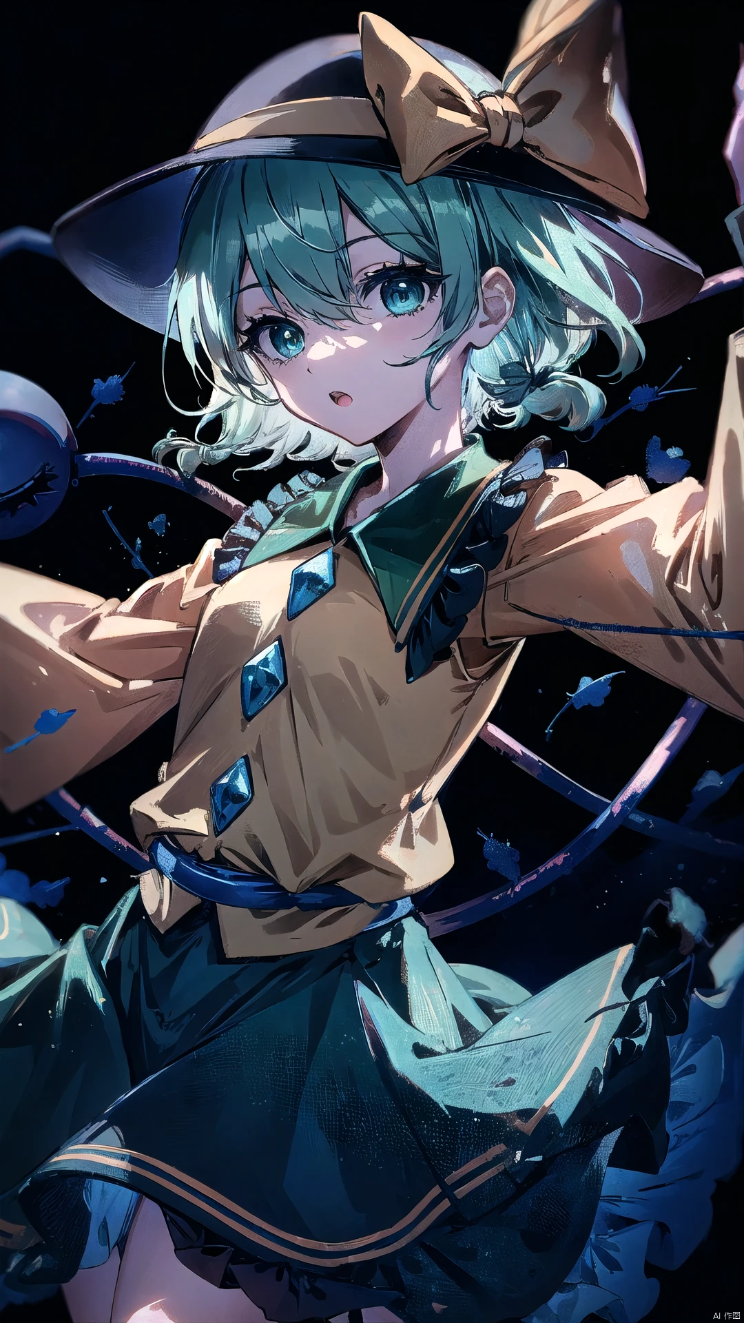 1girl,  komeiji_koishi,  solo,  looking_at_viewer,  short_hair,  bangs,  upper_body,  hat bow, green hair, green eyes, symbol-shaped pupils, yellow shirt, green skirt, third eye, long sleeves,  wide sleeves,  floral print,  eyeball,  hair_over_one_eye,  blood,  buttons,  floating_hair,  rose,  plant,  black_background,  blouse,  red_flower,  red_rose,  heart_hair_ornament,  vines,  thorns,  heart_button,  backlight,  komeiji koishi,<lora:EMS-86540-EMS:0.800000>,<lora:EMS-233781-EMS:1.000000>,<lora:EMS-6343-EMS:0.800000>