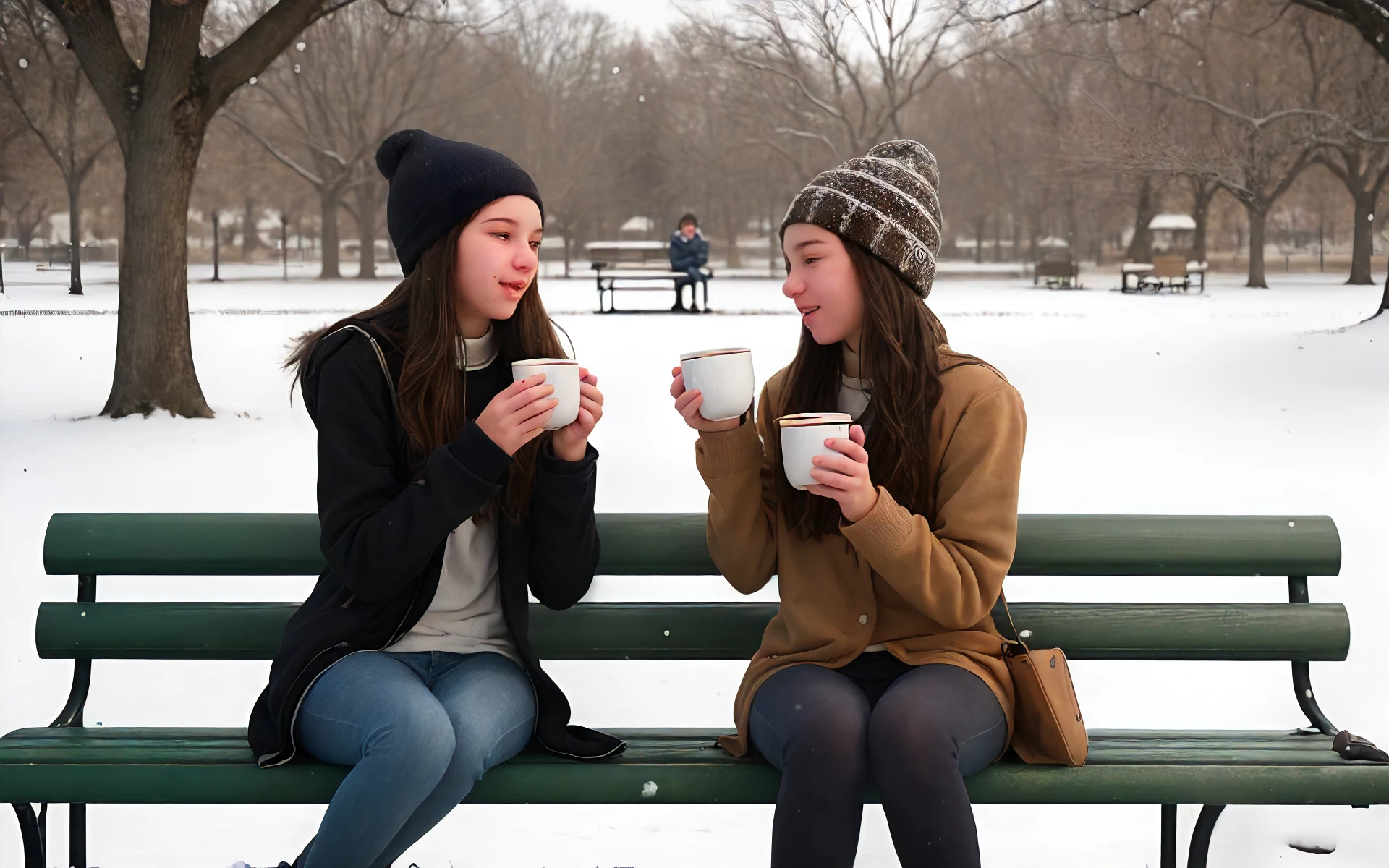 portrait of two teenagers sitting on a bench in the park in winter sharing a cup of hot cocoa