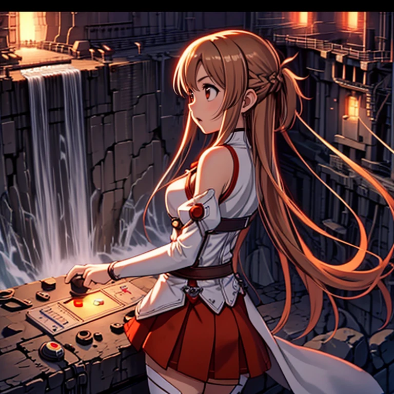 <lora:LCM_LoRA_Weights_SD15:1>,masterpiece,best quality,highly detailed,1girl,solo,
<lora:asuna_(sao)_v1:0.7>,aaasuna,long hair,brown hair,braid,brown eyes,bare shoulders,armor,breastplate,white sleeves,detached sleeves,red skirt,pleated skirt,white thighhighs,
BREAK
<lora:waterDungeon2:0.4>,pushDamButton,(((pressin button,index finger raised,machinery,pressing button, red button))),waterfall in background,from behind,