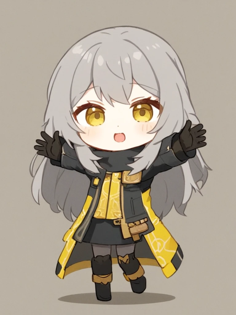 <lora:stelle:1>,1girl, yellow_eyes, chibi, gloves, solo, photo_background, jacket, long_hair, black_gloves, grey_hair, food, outstretched_arms, open_mouth, bangs, full_body