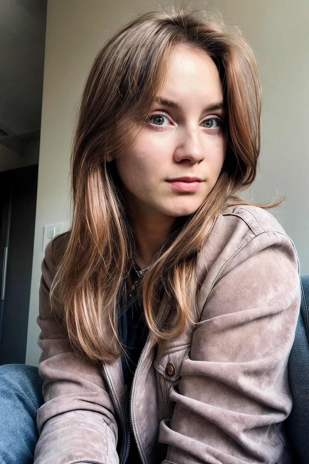 woman, <lora:devdaria:0.8> devdaria, (masterpiece:1.4, best quality), (intricate details), unity 8k wallpaper, ultra detailed, hyper realistic, detailed skin, film photography, DSLR, (fcDetailPortrait:0.75), professional photography, HDR, High Dynamic Range, realistic, ultra realistic, photorealistic, high resolution, looking at camera, looking looking at viewer, brown hair,
(:d, blush, hand up, head tilt, looking at viewer, open mouth, sitting, smile, solo, Faux suede jacket)
<lora:breastsizeslideroffset:0.1>, <lora:add_detail:1>, <lora:skin_slider_v2_1_FACE:0.5>, <lora:more_details:0.3>, <lora:age_slider_v6:-1>
