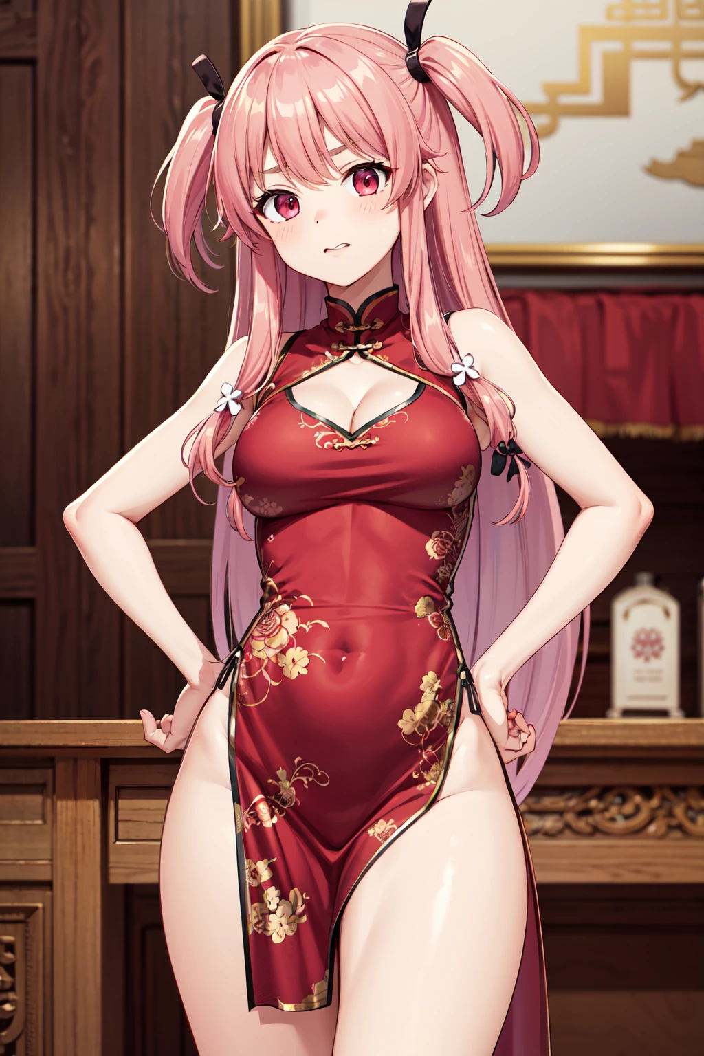 masterpiece,best quality,highres,ultra-detailed,aayui,long hair,two side up,hair ribbon,hair ornament,choker,<lora:yui_(angel_beats!):0.7>,bare shoulders,china dress,chinese clothes,short dress,cleavage cutout,sideboob,thighs,hands_on_hips,furrowed_brow,indoors,
