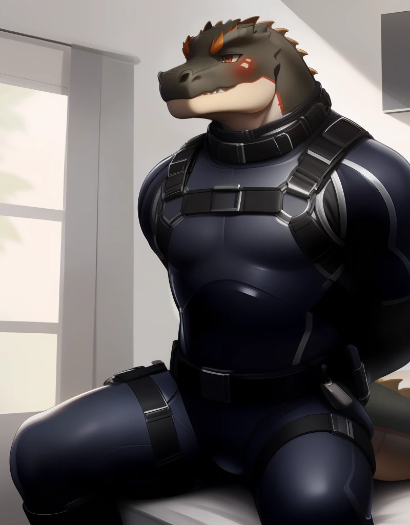 (((detailed eyes, detailed face))), (furry, gurangatch <lora:character_gurangatch_findigo_v2:1>, dragon tail, spikes), male, (plump:1.4), (grey bodysuit, harness, boots), sitting, (arms behind back), smile BREAK (konzaburou, ukan_muri, cute), bedroom, (soft shading), 8k, UHD, masterpiece, (full body)