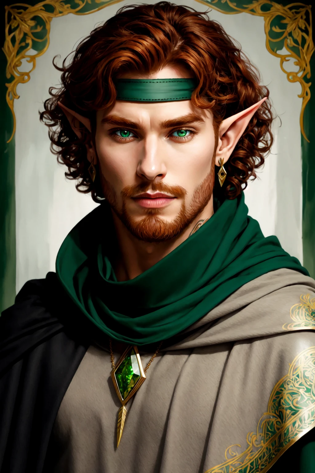 Tanis Half-Elven, solo, looking at viewer, pointy ears, half-elf, auburn hair,  curly hair, 1boy, jewelry, cape,  male focus, earrings, necklace, grey eyes, tattoo, facial hair, portrait, beard, mature male, brown tunic, fantasy painting, leather pants, cloak, green headband, bro and arrow, elf ranger, <lora:Tanis_HalfElven:0.5>