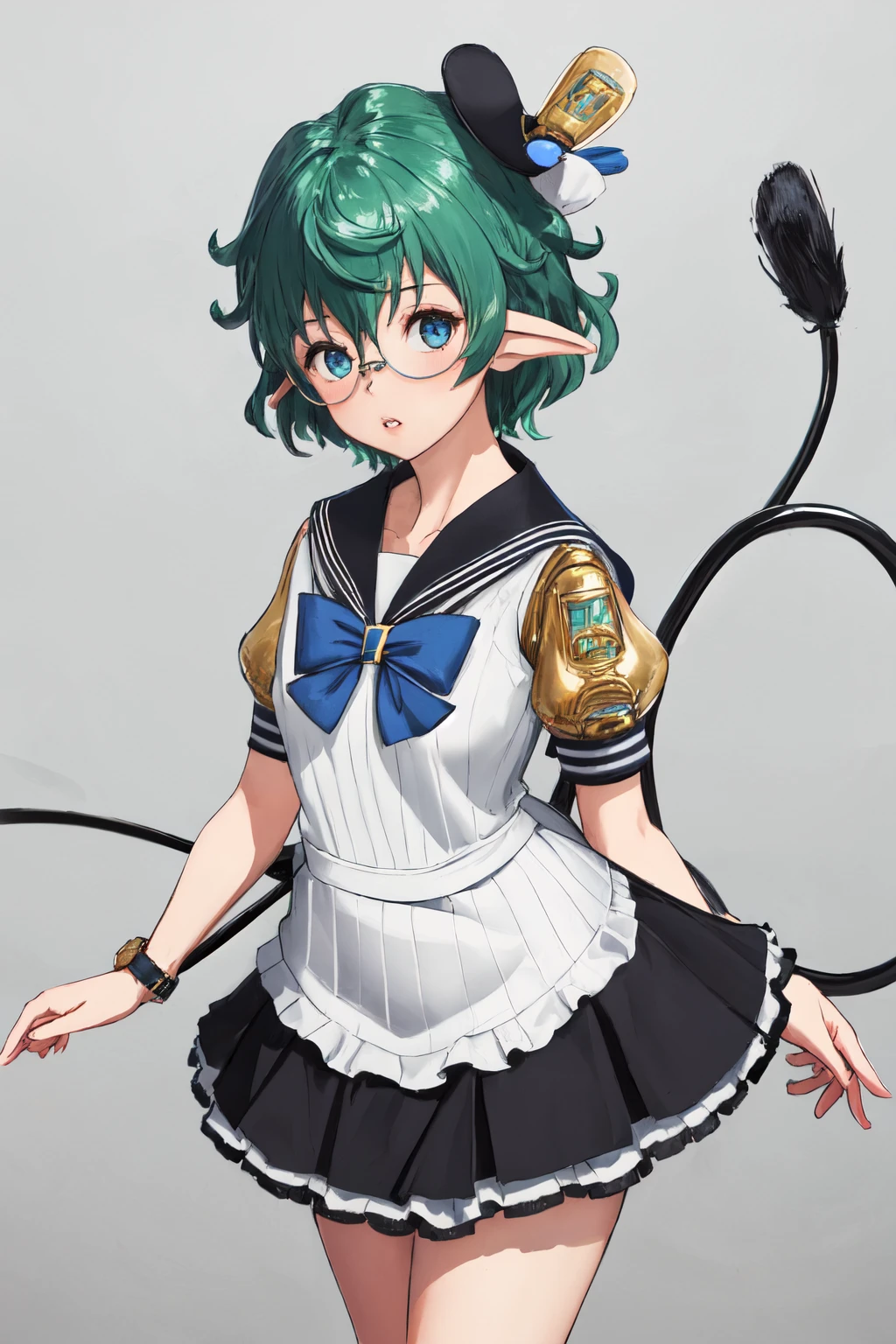 masterpiece, (detailed, highres, best quality), 1girl, <lora:spxc2Pandoria:1> pandoriadef, glasses, hat, tail, beret, black footwear, blue sailor collar, bobby socks, bow, dress, frilled dress, frills, hair bow, hair ornament, hat, sailor collar, sailor dress, shirt, shoes, short sleeves, socks, white bow, white headwear, white shirt, white socks, x hair ornament, circle, cowboy shot, grey background, watch, x, knees up, looking at viewer, parted lips, solo