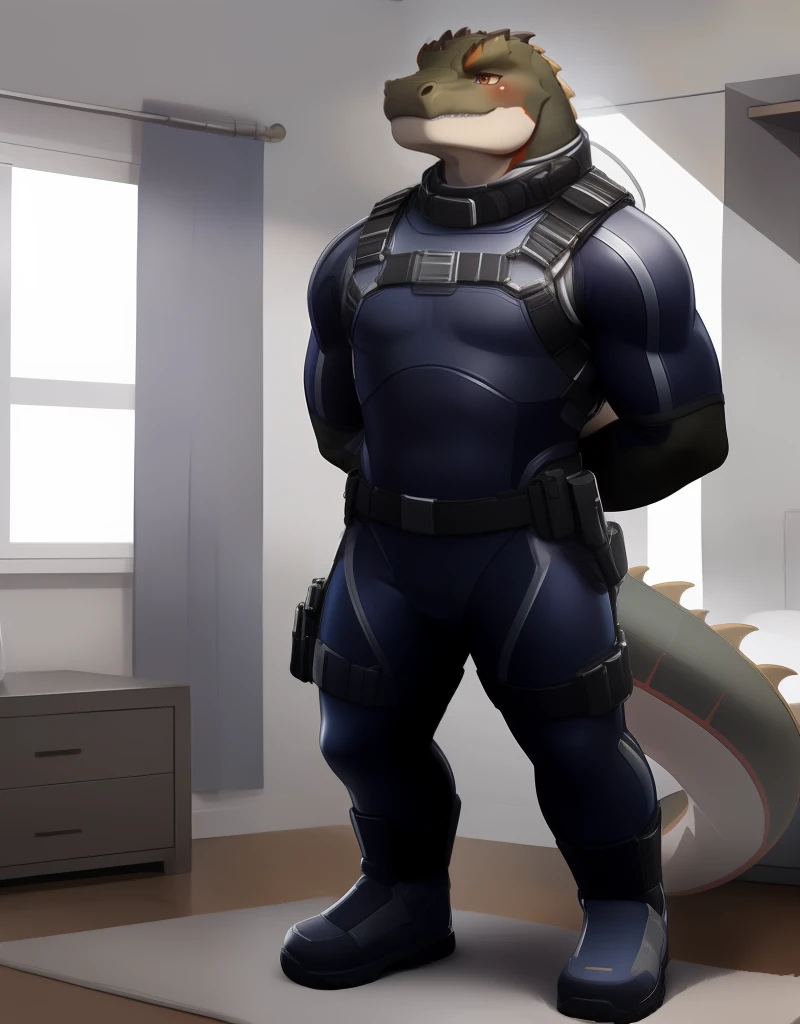 (((detailed eyes, detailed face))), (furry, gurangatch <lora:character_gurangatch_findigo_v2:1>, dragon tail, spikes), male, (plump:1.4), (grey bodysuit, harness, boots), standing, (arms behind back), smile BREAK (konzaburou, ukan_muri, cute), bedroom, (soft shading), 8k, UHD, masterpiece, (full body)