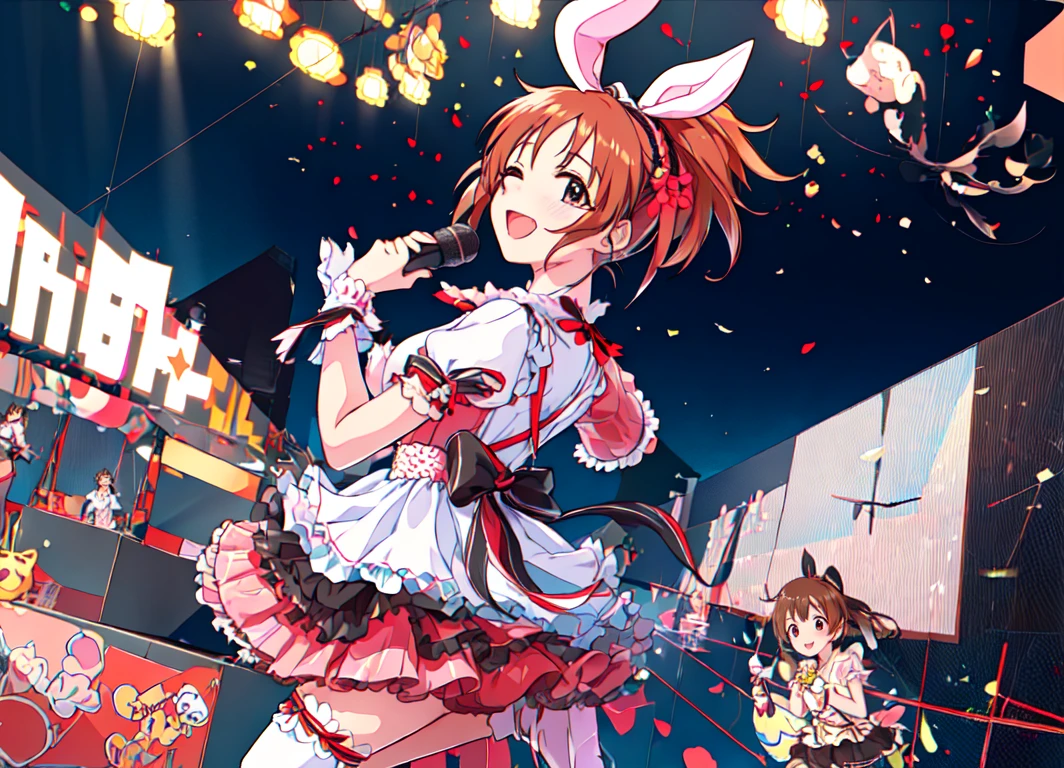 <lora:abe:0.8>,abe nana,hair_ribbon,masterpiece,best quality,super fine illustration,idol,;d,field stage,