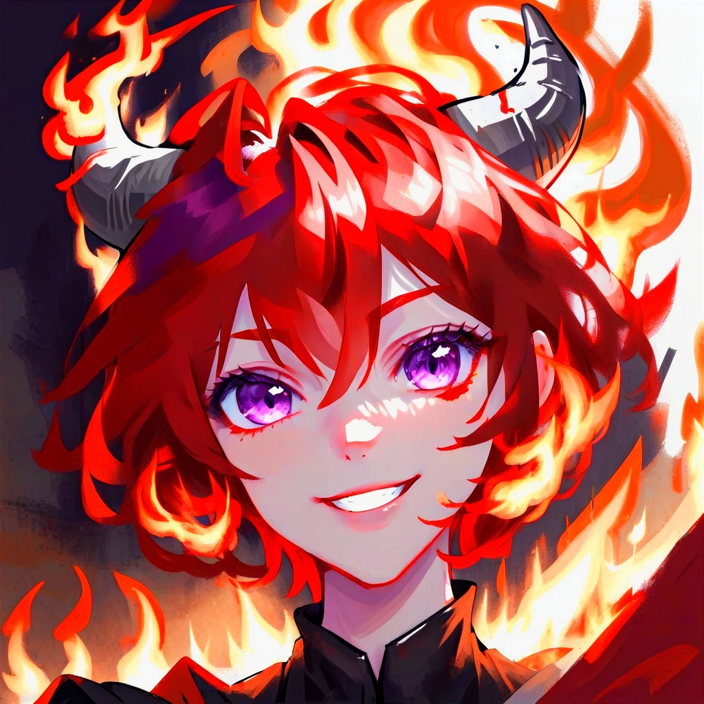 1girl, solo, short hair, looking at viewer, hair between eyes, smile, purple eyes, red hair, horns, fire, demon horns, portrait, sketch by Gabriele Viertel