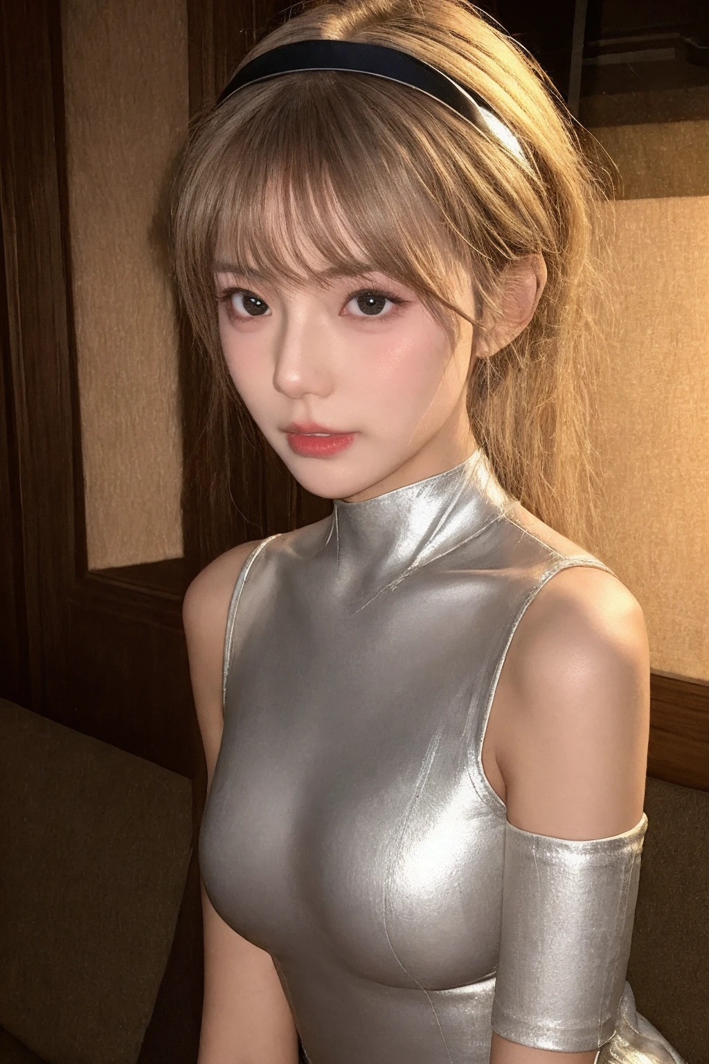 1girl, masterpiece, upper body,bodysuit, sitting,, looking at viewer, blush, night, (shiny skin), hairband, silver \(color\),(eyeliner, makeup:0.19)
<lora:xinxinne_v2-000007:0.7>