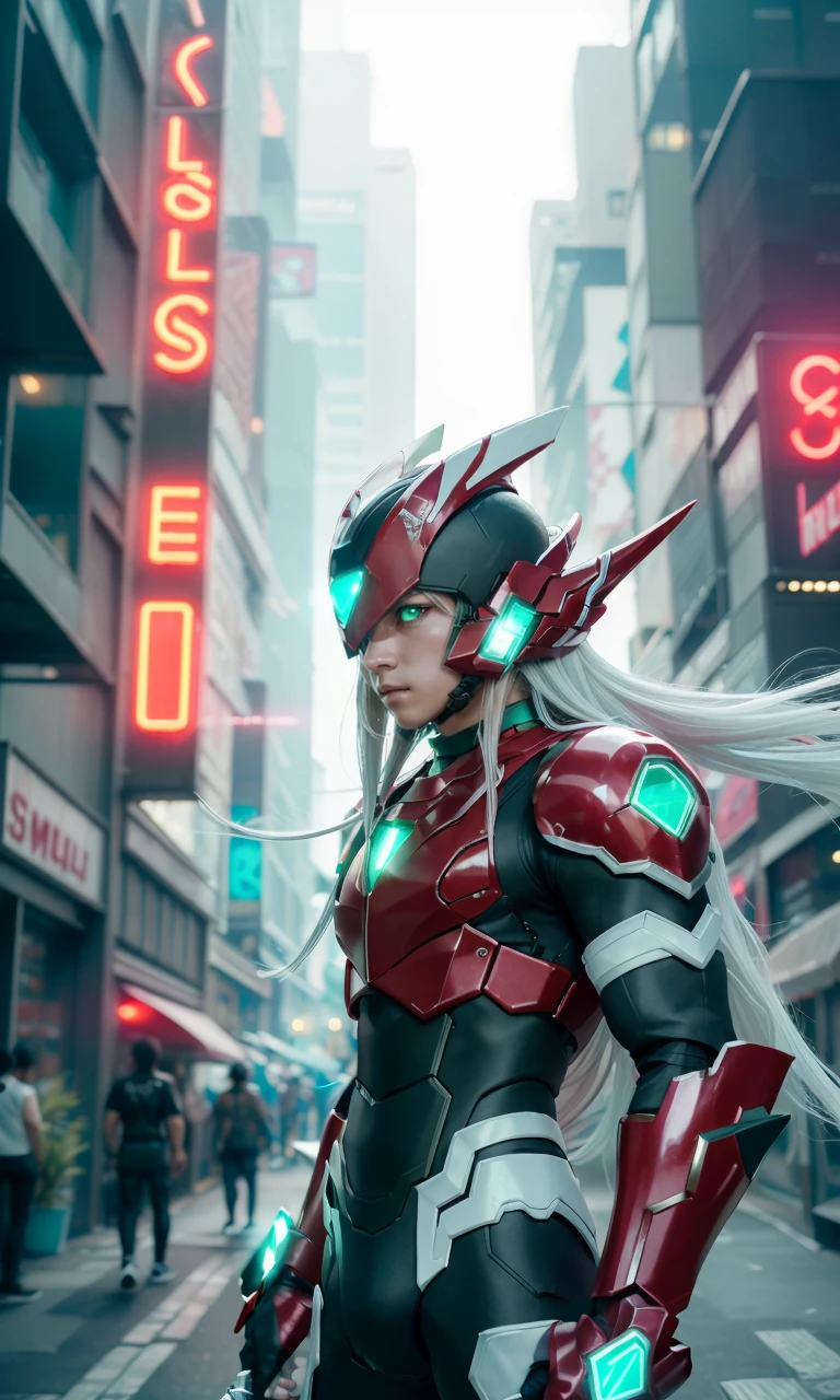 megzeromyth2023, 1boy, long white hair, red armor, green energy sword, 8k, uhd, best quality, masterpiece, intricate, photorealistic, glowing green eyes, cyberpunk city, night, neon signs, science fiction,