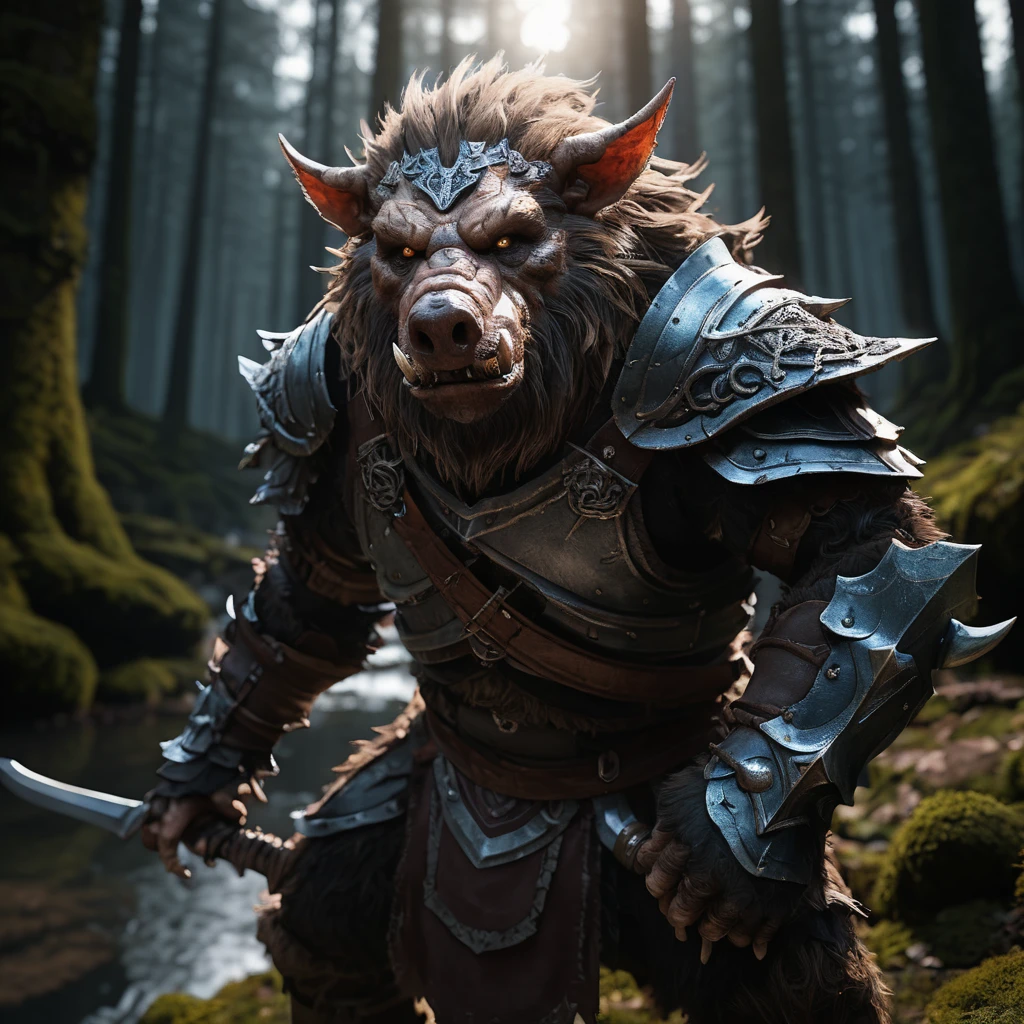 wereboar:1.1, 1other, no humans, solo, outdoors, armor:1.1, 


nature, tree, forest:1.2, holding, sword, holding sword, 
