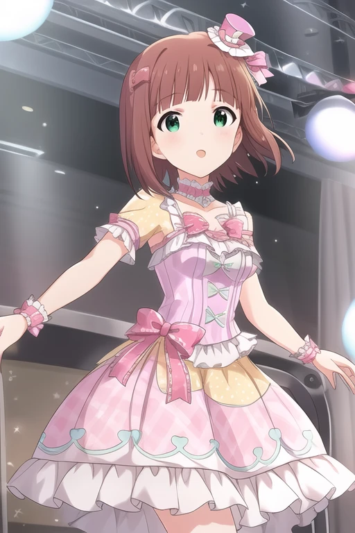 <lora:LegendGirls:0.85>LegendGirls, dress,(mini hat:0.9),yellow dress,purple dress,
<lora:mirishita-v2.1:0.5>HARUKA AMAMI,short hair, brown hair, green eyes, bangs,
masterpiece, best quality,1girl,medium breasts,