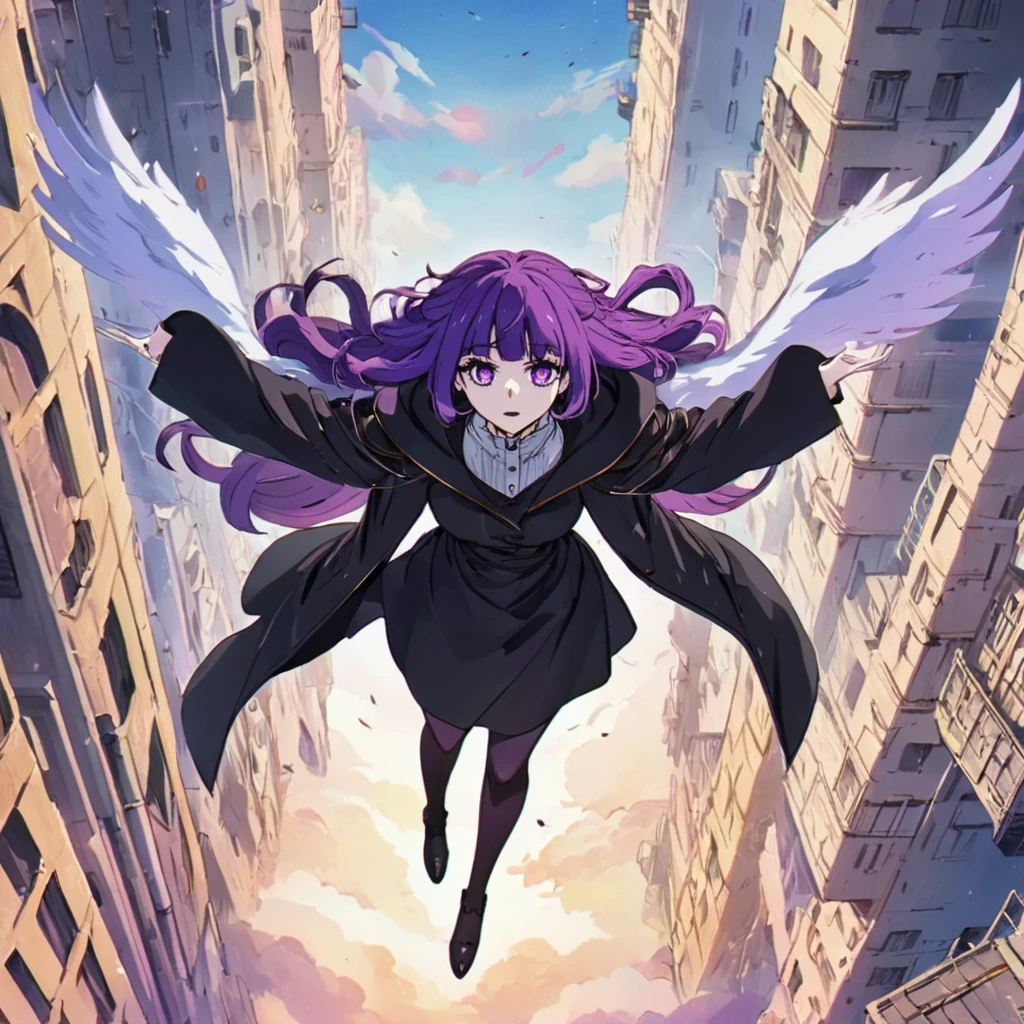 A tv anime of a woman with purple eyes and hair wearing a black coat flying on sky<lora:fern_xl-000050:1>