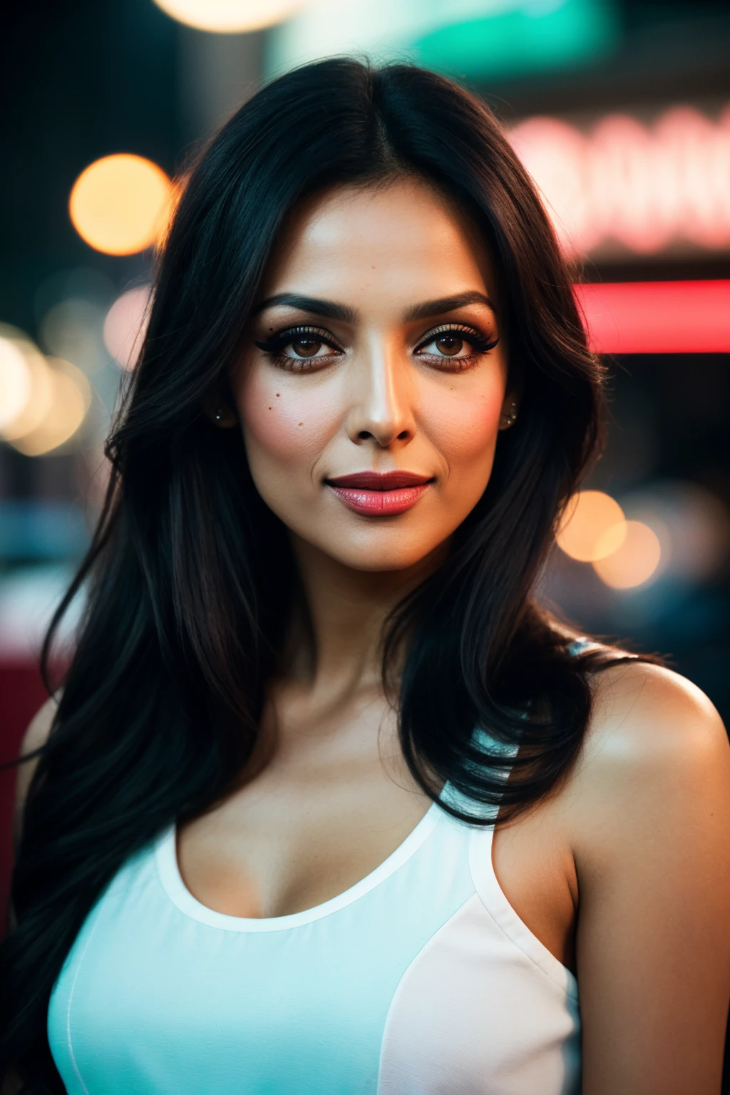 photo of (EPM4l41k44r0r4:0.99), closeup portrait, perfect hair, (modern photo, high-low hem dresses with contrasting colors or patterns on the top and bottom), 24mm, (analog, cinematic, film grain:1.3), ((restaurants and cafes, timber, bollard lights, neon lights, gradient:1.1)), ((detailed eyes)), ((eyeliner, long lashes)),(epicPhoto), long eyelashes, (perfect waist), (painted lips)