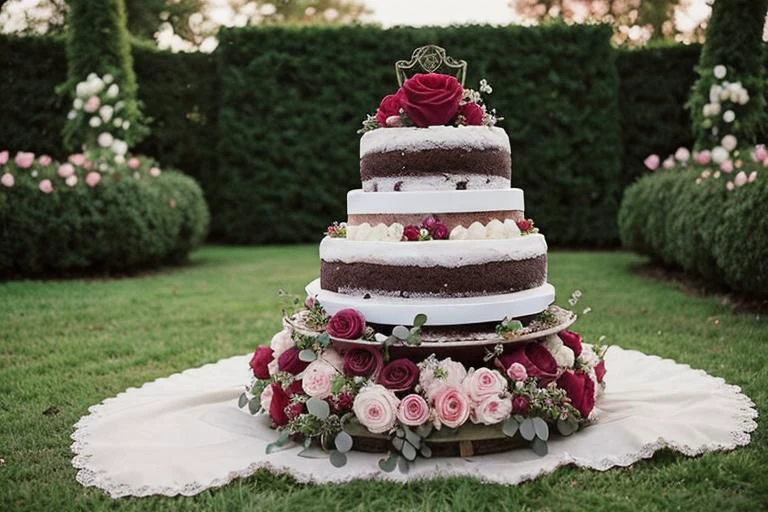 Wedding photography, photograph of wedding cake, garden of rose background