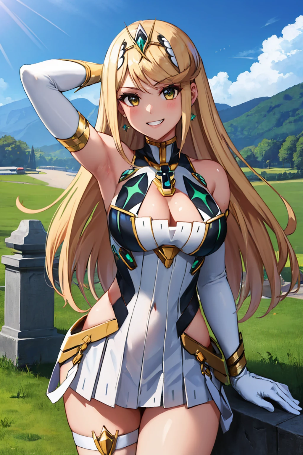 (masterpiece, best quality:1.2), solo, 1girl, mythradef, grin, arm up, looking at viewer, tiara, white dress, chest jewel, white gloves, elbow gloves, thigh strap, earrings, large breasts, outdoors, scenery <lora:xenoblade2_mythra-17:1>