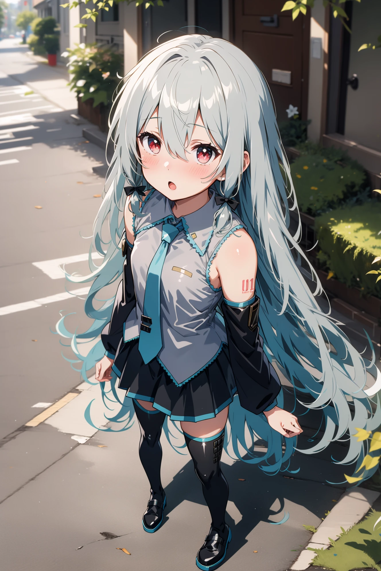 1girl, solo, BREAK outdoors, street, looking at viewer, (masterpiece:1.2), best quality, high resolution, unity 8k wallpaper, (illustration:0.8), (perfect hands, perfect anatomy), standing, (blush:1.5), shiny hair, shiny skin, sophie twilight, red eyes, grey hair, very long hair, hair between eyes, sidelocks, tress ribbon, black tress ribbon, small breasts, flat chest, :o, miku outfit, sleeveless shirt, grey shirt, detached sleeves, necktie, arm tattoo, skirt, thighhighs, thigh boots, from above, 