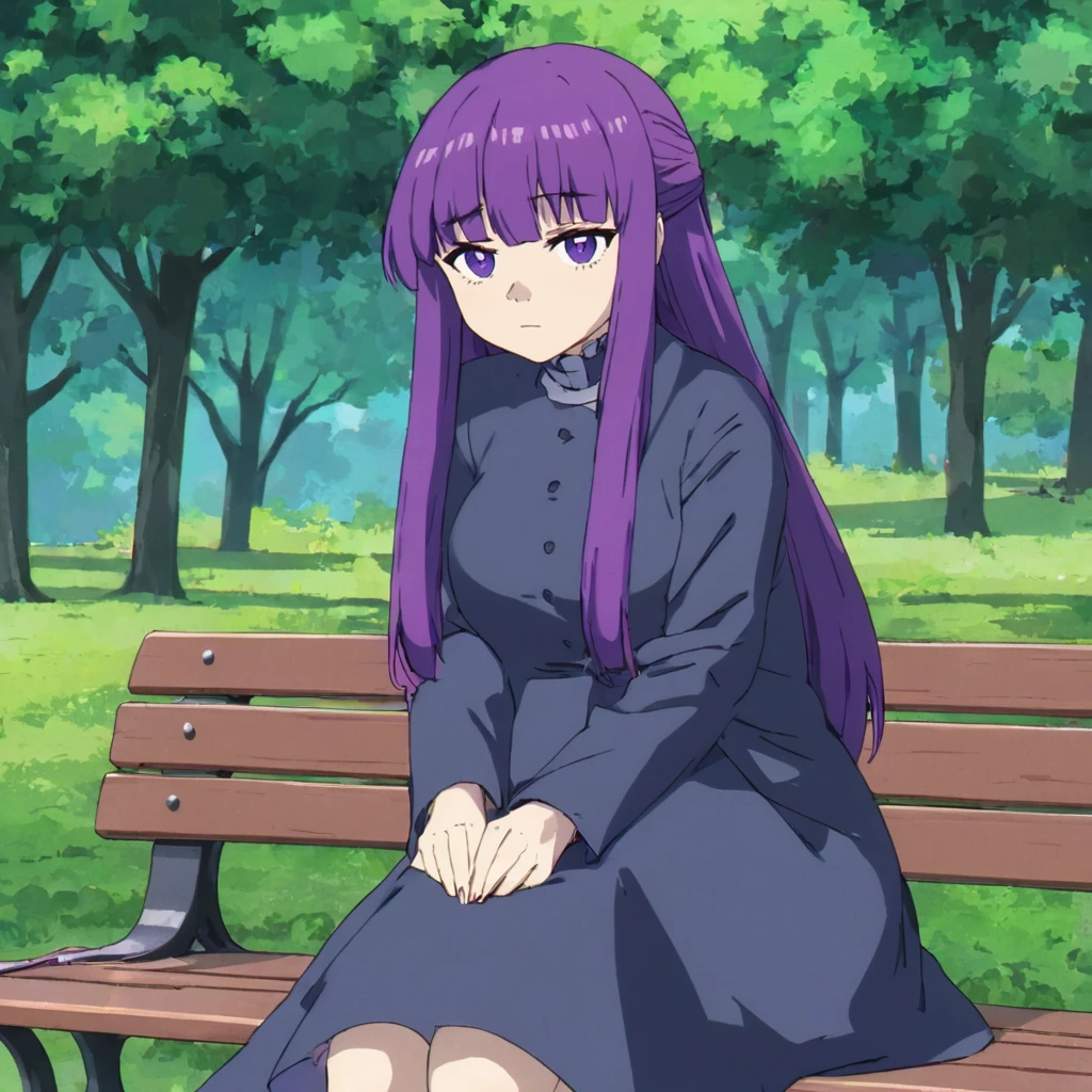 A tv anime of a woman with purple eyes and hair looking annoyed sitting on a bench in park <lora:fern_xl-000050:1>