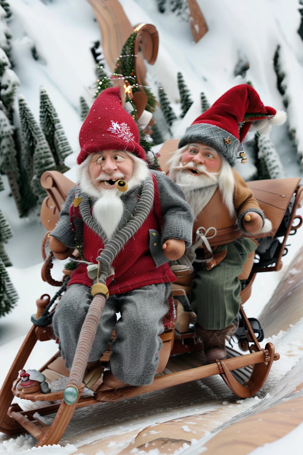 wichtel with beard riding a sleigh down a slope <lora:Wichtel-000004:1>