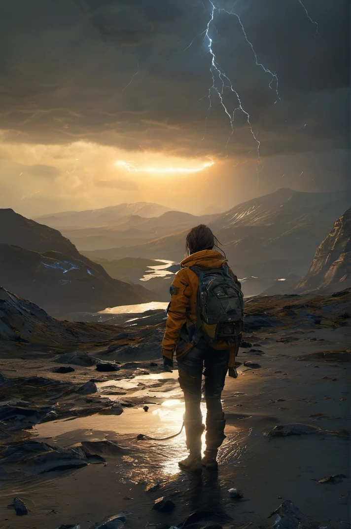 girl in Death Stranding: Timefall Storm: A landscape ravaged by timefall, where rain ages objects rapidly and creates bizarre and dangerous phenomena. with many details,