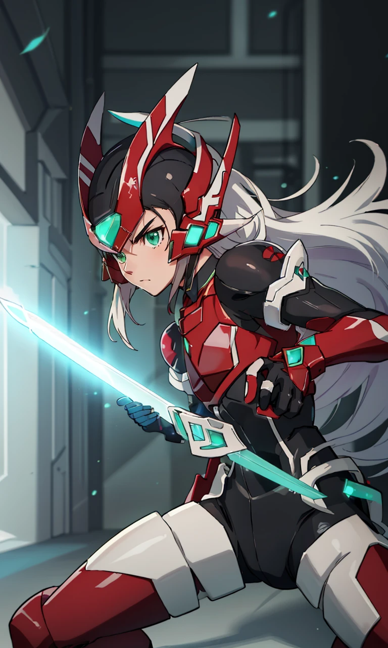 megzeromyth2023, 1boy, long white hair, red armor, green energy sword, 8k, uhd, best quality, masterpiece, intricate