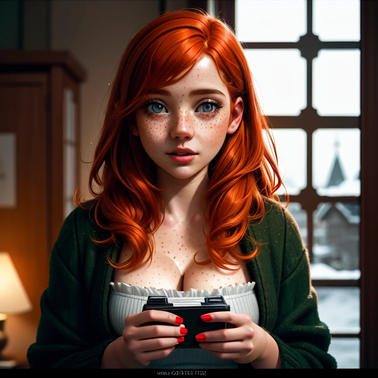 cinematic photo (art by Mathias Goeritz:0.9) , photograph, Lush Girlfriend, Tax collector, Rich ginger hair, Winter, tilt shift, Horror, specular lighting, film grain,(cinematic still:1.2), (freckles), professional, 4k, highly detailed