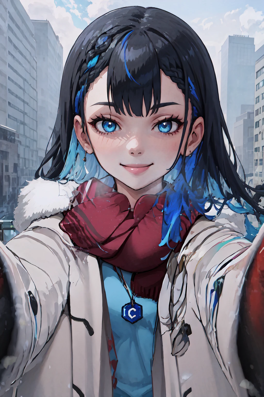 IncrsChkWarmingMeme, <lora:PovCheekWarmingMemeV2:1>, winter clothes, red scarf, breath, seductive smile, reaching towards viewer, civitai-chan, braided bangs, multicolored hair, black hair, blue hair, blue eyes, necklace, <lora:Char_Meme_Civitaichan:0.8>