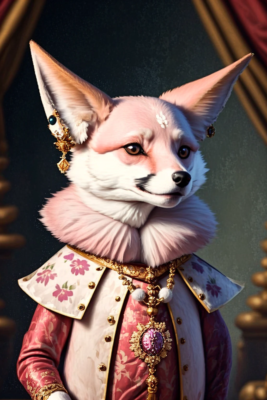 <lora:LCM_LoRA_Weights_SD15:1>  <lora:yomama_royal_animals-10:0.8>yomama_royal_animals, a pink_fox in royal clothing, crown, staff <lora:YaeMikoFox:0.8> YaeMikoFox, , no humans, earrings