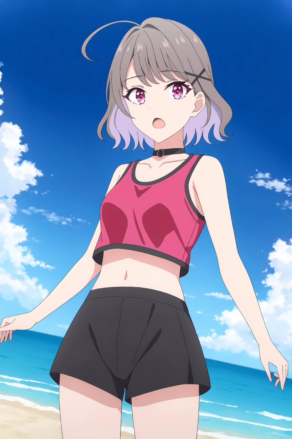 ((best quality)),((highly detailed)),masterpiece,absurdres,detailed face,beautiful face,(detailed eyes, deep eyes),(1girl),((dynamic pose)),<lora:AkariV1:0.7>, Akari, navel, choker, outdoors, open mouth, black choker, ahoge, collarbone, looking at viewer, day, short hair, solo focus, sky, bare shoulders, cloud, grey hair, hair ornament, blue sky, midriff, bangs, hairclip, breasts, standing, crop top, purple eyes, 1girl, pink eyes, brown hair, shirt, small breasts, 3girls, medium hair, red eyes, multicolored hair, x hair ornament