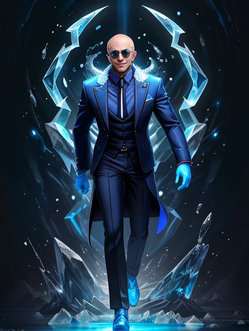 best quality, masterpiece, highres, detailed, digital artwork, <lora:Tools - add_detail:0.2>, IceElementCh, ice, blue theme, ice body, <lyco:Change - IceElementCh:0.8>, formal, suit, MasanoriV, evil smile, glowing, sunglasses, bald, 1man, <lora:Character - MasanoriV:0.6>