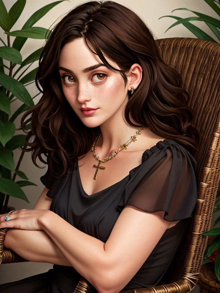 Realistic photo of a beautiful c4rr134 woman,1girl,solo,long hair,looking at viewer,brown hair,dress,brown eyes,jewelry,sitting,flower,necklace,black dress,lips,chair,ring,cross,plant,freckles,realistic,soft lighting, professional Photography, Photorealistic, detailed, RAW, analog, sharp focus, 8k, HD, high quality, masterpiece<lora:c4rr134:1.0>