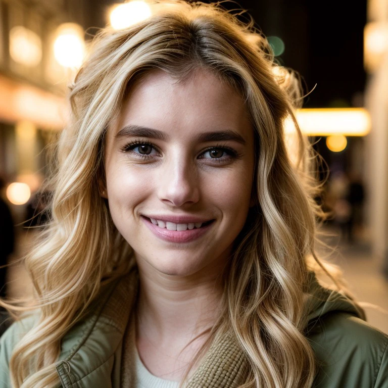 <lora:emma3-29:1> emrb,long wavy hair ,blonde hair,close-up, city street,wearing parka,masterpiece, soft lighting,golden hour,bokeh,dof, smile,volumetric lighting  <lora:add_detail:1>