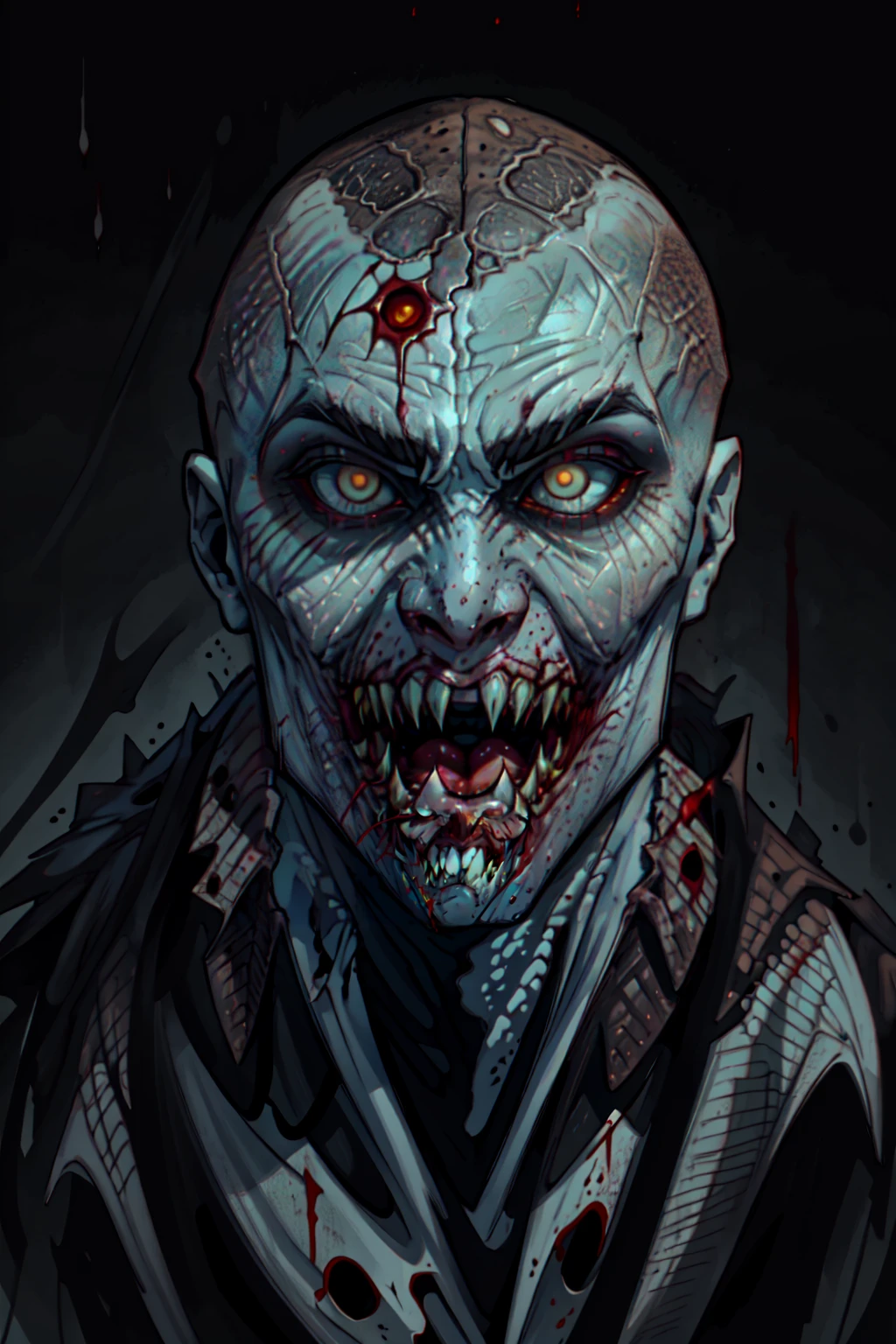 <lora:Wendigo-UD:0.8> EarthWendigo-UD, solo, open mouth, 1boy, male focus,  bald, teeth, blood, colored skin, fangs, sharp teeth, black background, portrait, monster, alien,  white eyes, horror (theme)