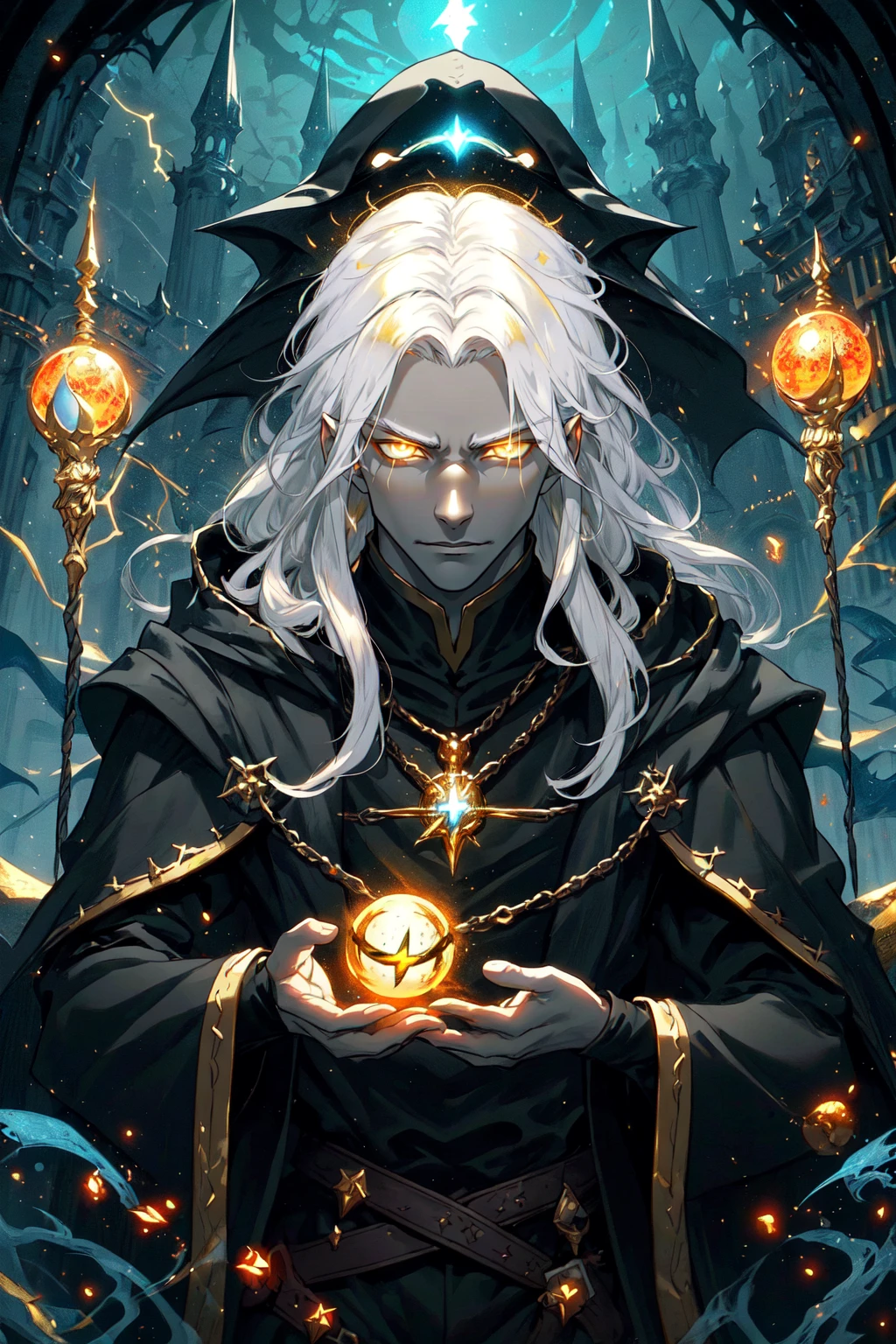 Raistlin Majere, 1boy, male focus, solo, colored skin, gold accent, yellow skin, glowing eyes, glowing, shiny skin, pale, sunken eyes, wizard, white hair, long hair, long sleeves, black cloak, magic, underworld scene, outdoors, dungeon theme, lightning, LUT like a movie,  portrait, godlike features, evil <lora:RaistlinMajere:0.8>