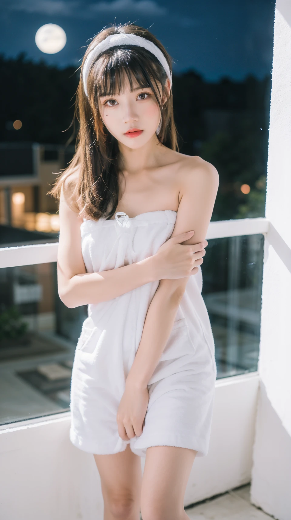 best quality,HDR,UHD,8K,Vivid Colors,solo,photo_(medium),pov,cute & girly,(1girl:1.4),(night:1.4),(looking at viewer:1.4),(standing:1.3),veranda,<lora:yingtaomiao:0.4>,knees up,<lora:rc31:0.75>,rc,headband,towel,