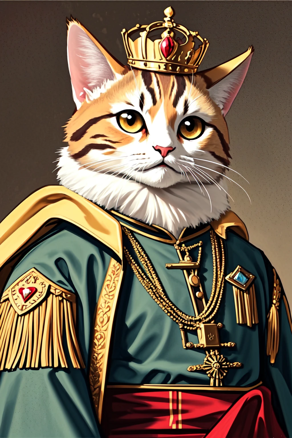 <lora:LCM_LoRA_Weights_SD15:1>  <lora:yomama_royal_animals-10:0.6>yomama_royal_animals,  (royal clothing), necklace, military uniform, royal clothes, cape, crown, staff ,  <lora:discord_nekonekonekone-11:0.5> animal focus, no humans, nekoemoji, cat