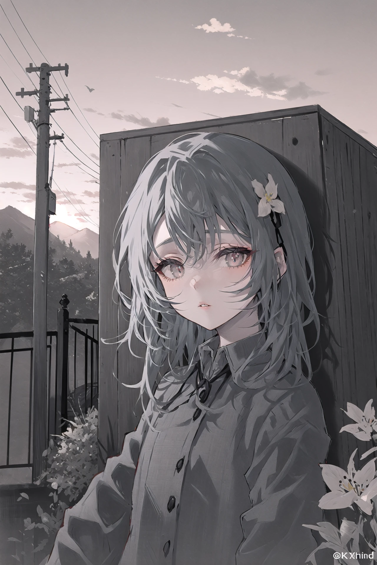 1girl, monochrome, solo, greyscale, looking at viewer, scar on face, simple background, scar, white background, portrait, messy hair, scar on cheek, bangs, collared shirt, long hair, parted lips, ringed eyes, shirt, medium hair ,scenery, outdoors, tree, sky, house, fence, flower, grass, mountain, cloud, plant, sunset, artist name, bush, building, power lines, stairs, utility pole, wooden fence ,
///////////   <lora:arutera-000212:1>