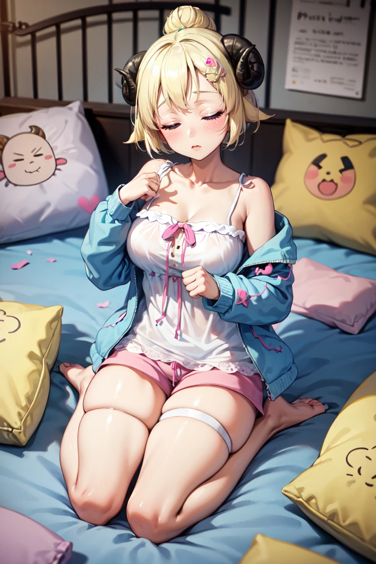 (masterpiece, best quality, very aesthetic, absurdres), 1girl, bedroom, on bed, (simple background), looking down, leaning forward:1.2, ((WatameBase, short hair, wavy hair, ahoge, hairclip, blue jacket, half undress:1.2, clothing lift, camisole, frilled white bra lift, unworn pink shorts on bed, bottomwear down, show off frilled white panties, thigh strap, navel)), narrowed eyes, BREAK, (Large white stuffed duck, female on top, humping), Squatting Cowgirl Position, speed lines:1.2, bare breasts, show off nipple, [bouncing breasts, Motion blur], (motion lines:1.2), open mouth, saliva trail, left clenched_hand covering mouth, wet crotch, (blush, embarrassed, moaning, panting), girl trembling with sexual climax