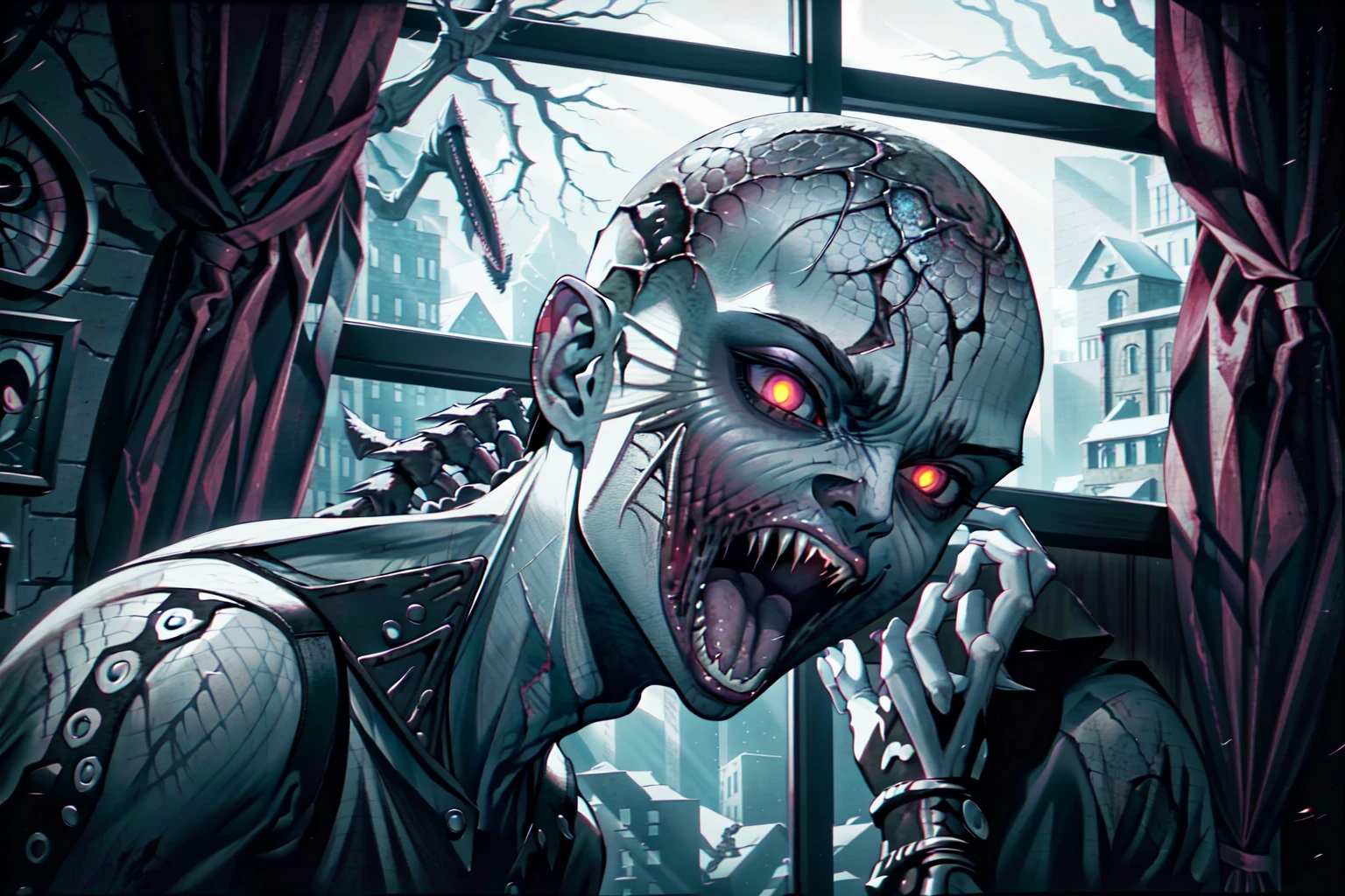 <lora:Wendigo-UD:0.8> EarthWendigo-UD, solo, open mouth, 1boy, upper body, male focus, bald, glowing eyes,white eyes, blind, colored sclera, teeth, tongue, tongue out, window, sharp teeth, monster theme,  fantasy theme, portrait, horror (theme)