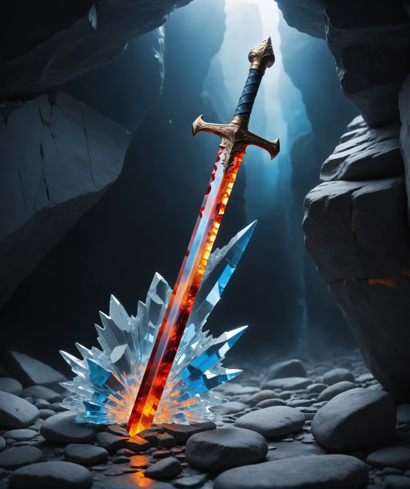 long exposure photo shot of a transparent King Arthur's glass sword stuck in a huge stone, focus on a sword, glass,crack, cracked glass, broken glass,red, amber, cold blue colors, electric waves, magic atmosphere, Made_of_pieces_broken_glass ,   <lora:Made_of_pieces_broken_glass_v2-000005:0.5>