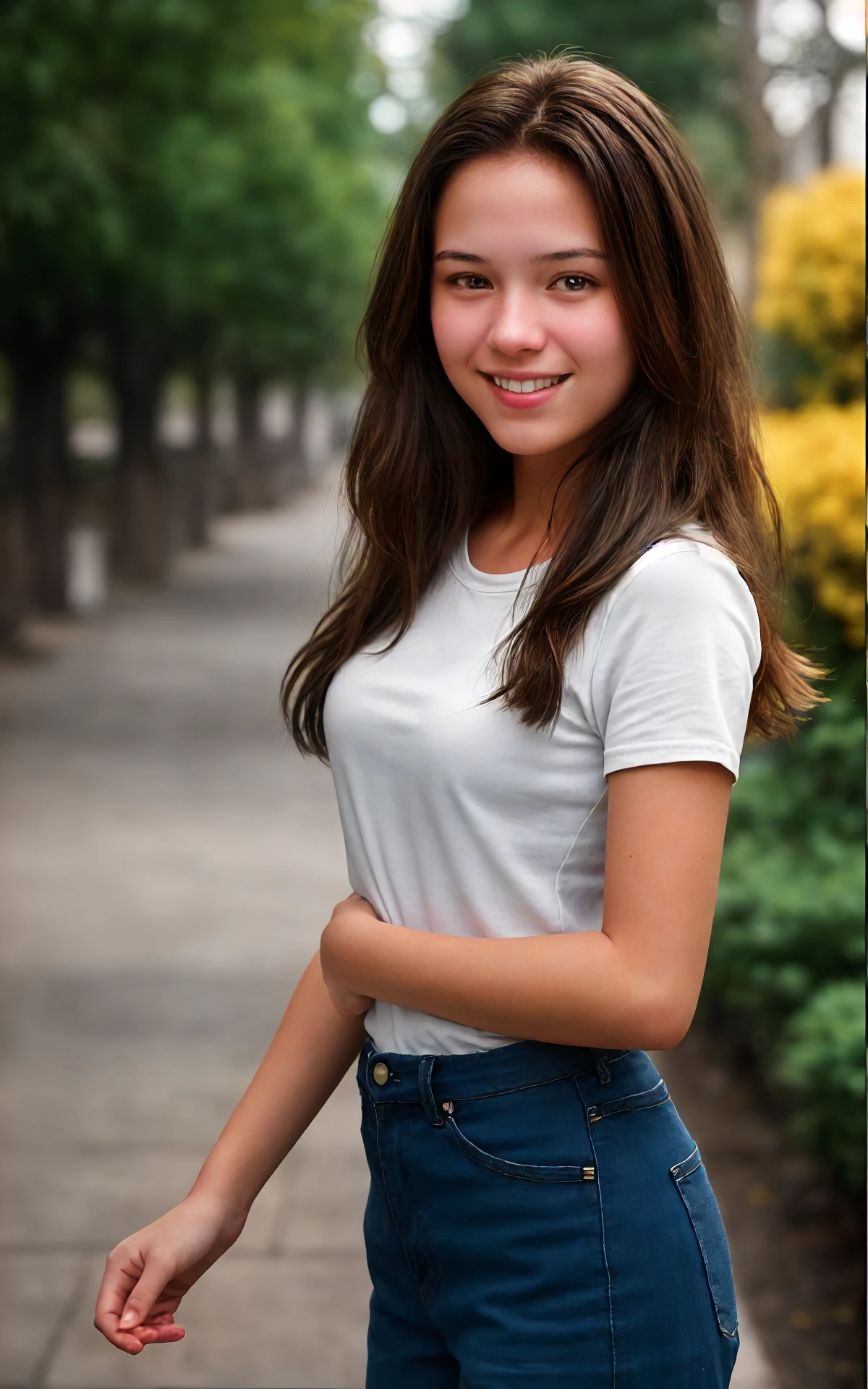 a professional portrait photo of a teenage slender brunette girl, bright smile
BREAK high resolution, 16K, HDR, grainy, Fujifilm XT3
