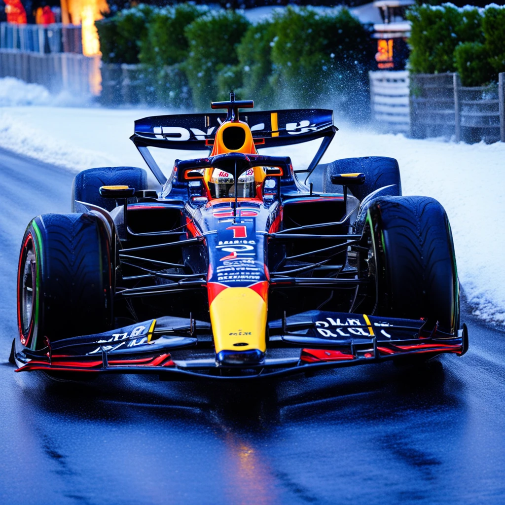 a RB19 formula 1 racecar, red bull formula 1 car, red bull logos, red bull themed livery, driving on a snowy midwestern country road, trees covered in snow, snow, evening sunlight, houses, view from front left side, 4K, UHD, ultra high definition, perfect, gorgeous, masterpiece, intricate details, highly detailed, vehicle focus, wet weather tires, tire grooves, <lora:RB19:1.2>