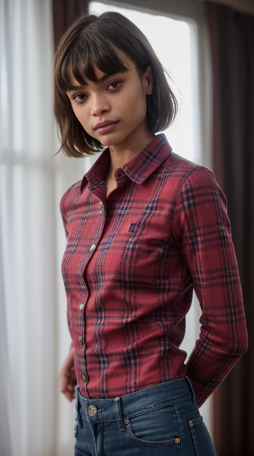 mix558, (Masterpiece Photo:) of (Happy) woman wearing checkered red and black shirt and blue jeans staring at the viewer ,(checkered red and black shirt), (blue jeans),Highly Detailed,(close portrait:1.3),(Feminine:1.4),(beautiful:1.4),(attractive:1.3),calendar pose,perfectly detailed eyes,studio lighting,thematic background, (high detailed skin:1.2), 8k uhd, dslr, soft lighting, high quality, film grain, Fujifilm XT3, hi detail, sharp focus, perfect lighting, awesome, dslr, 4k high quality. extra detail, extra sharp, magical, perfect moment, natural skin, pores