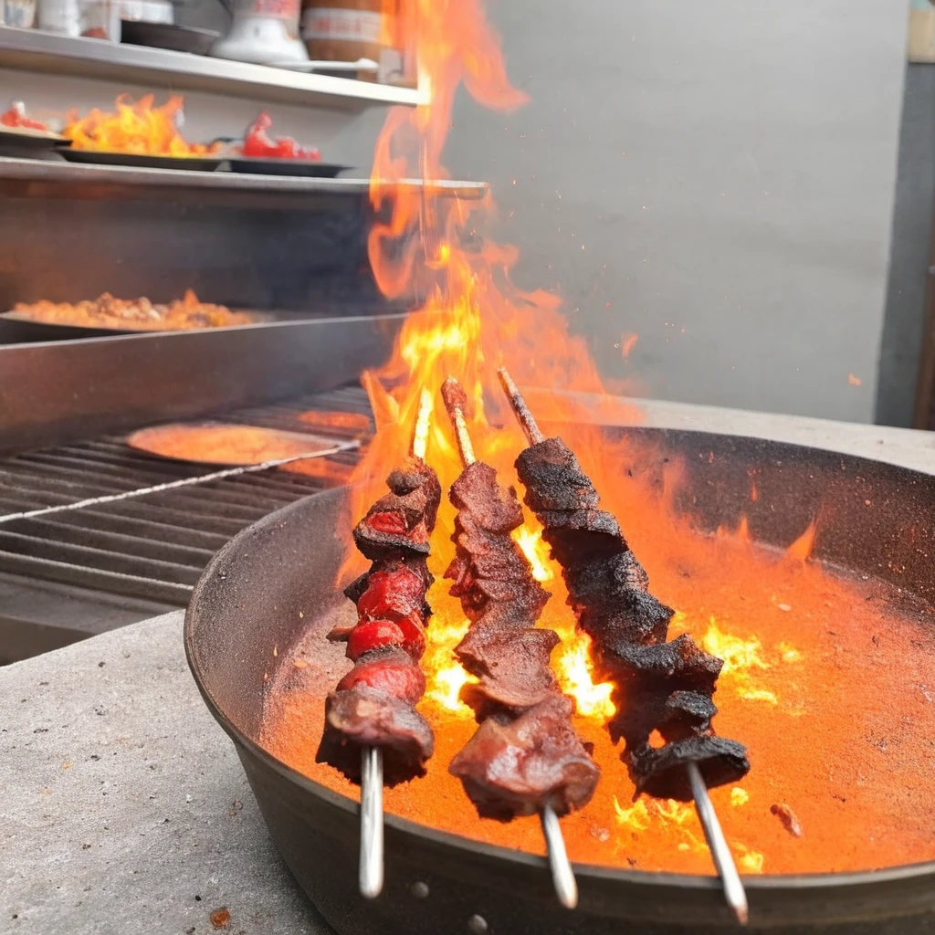 Realistic style depiction of a barbecue skewer held amidst flames, loaded with a variety of vegetables and meats. The skewer is filled with vibrant, colorful vegetables like bell peppers, zucchini, and cherry tomatoes, and juicy chunks of meat like beef, chicken, and sausage. The fire's glow reflects off the glossy textures of the grilled items, emphasizing the charred edges and succulent appearance. The focus is on the skewer, with the background flames providing a warm, inviting ambiance <lora:money_bucket:0.65> <lora:cn_lamb_bbq:0.8>