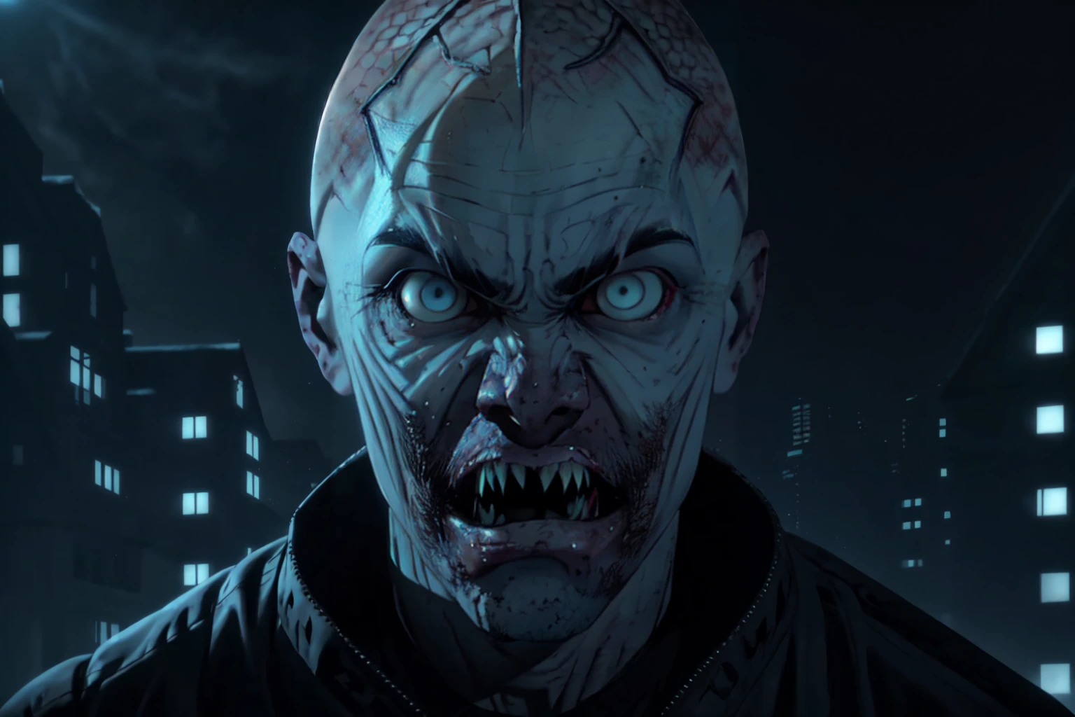 <lora:Wendigo-UD:0.8> EarthWendigo-UD, solo, looking at viewer, 1boy, male focus, teeth, night, building, portrait, realistic, bald, white eyes, alien, horror (theme)
