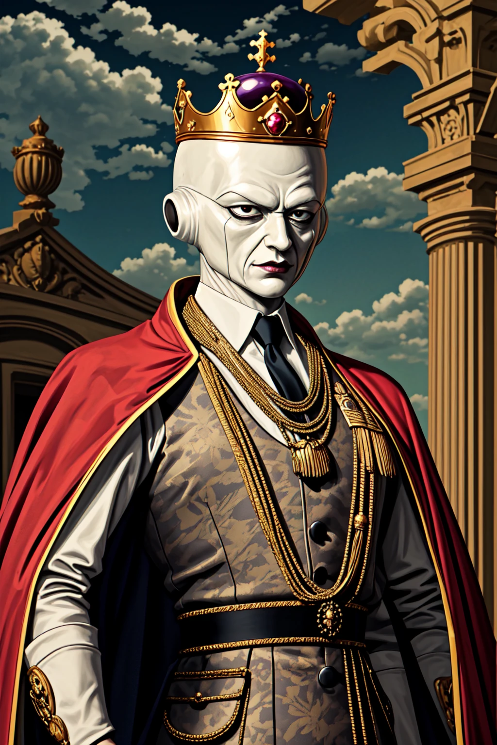 <lora:LCM_LoRA_Weights_SD15:1>  <lora:yomama_royal_animals-10:0.6>yomama_royal_animals,  (royal clothing), necklace, military uniform, royal clothes, cape, crown, staff ,  <lora:Frieza:0.8> frieza