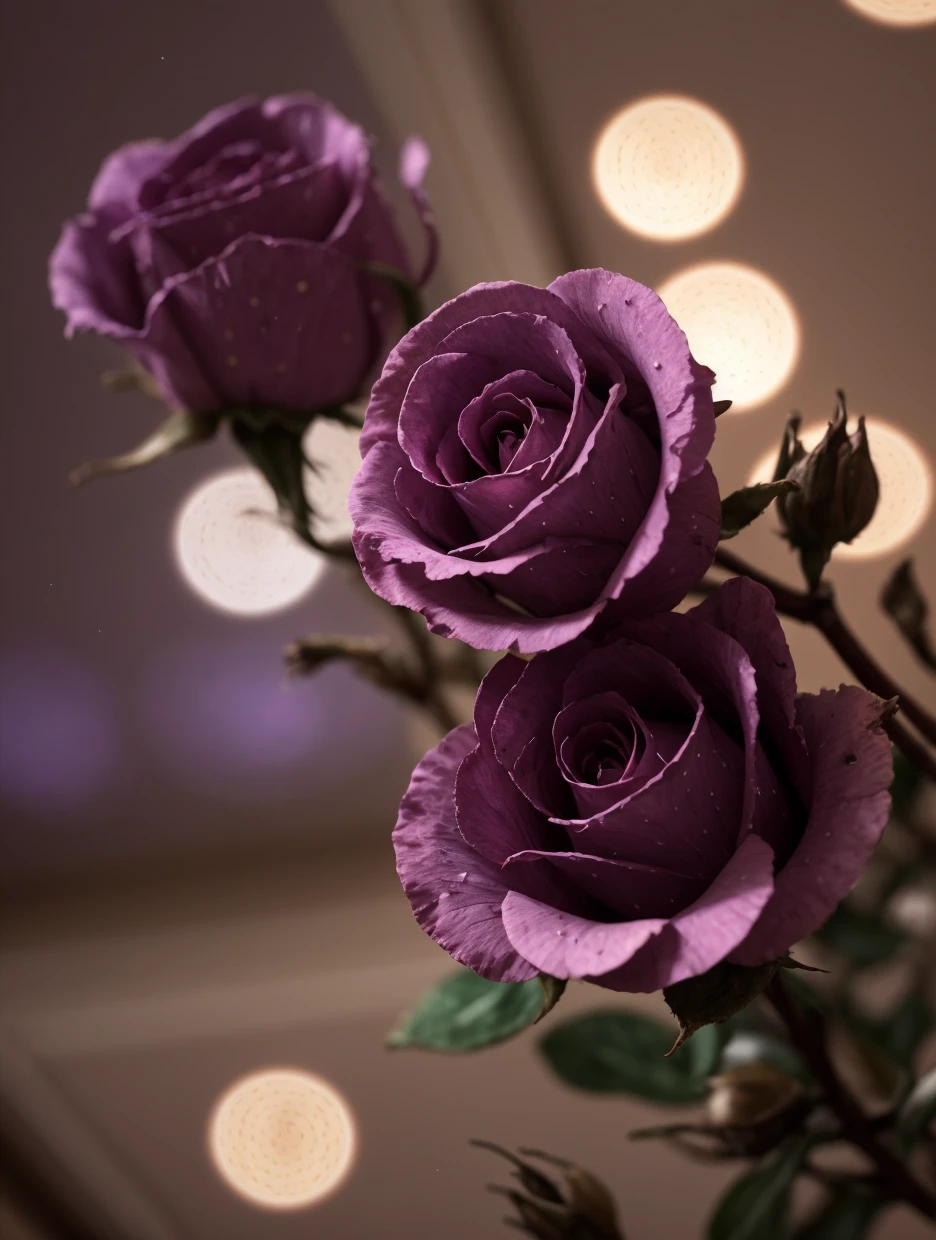 (macro close-up:1.3), old dried roses, purple light, nostalgic mood, analog photo, library, from below, room, night, (bokeh:1.33), depth of field
