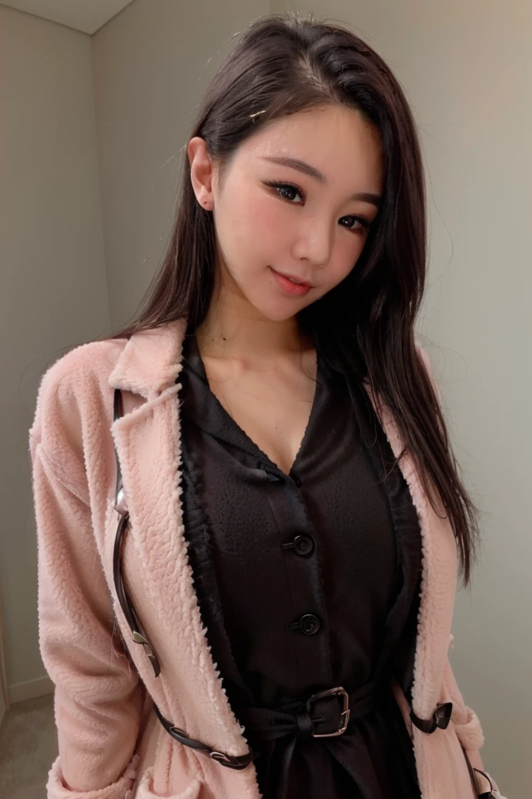 <lora:Lucyinthe_v4-10:0.8>, Lucyinthe, photo of a beautiful girl, looking at the camera, smile,
(wearing oversized_coat:1.3),woman posing for a photo, black coat, pink sweater, pink dress, half body shot, good hand,4k, high-res, masterpiece, best quality, head:1.3,((Hasselblad photography)), finely detailed skin, sharp focus, (cinematic lighting), night, soft lighting, dynamic angle,  <lora:oversized_coat-10:0.5>