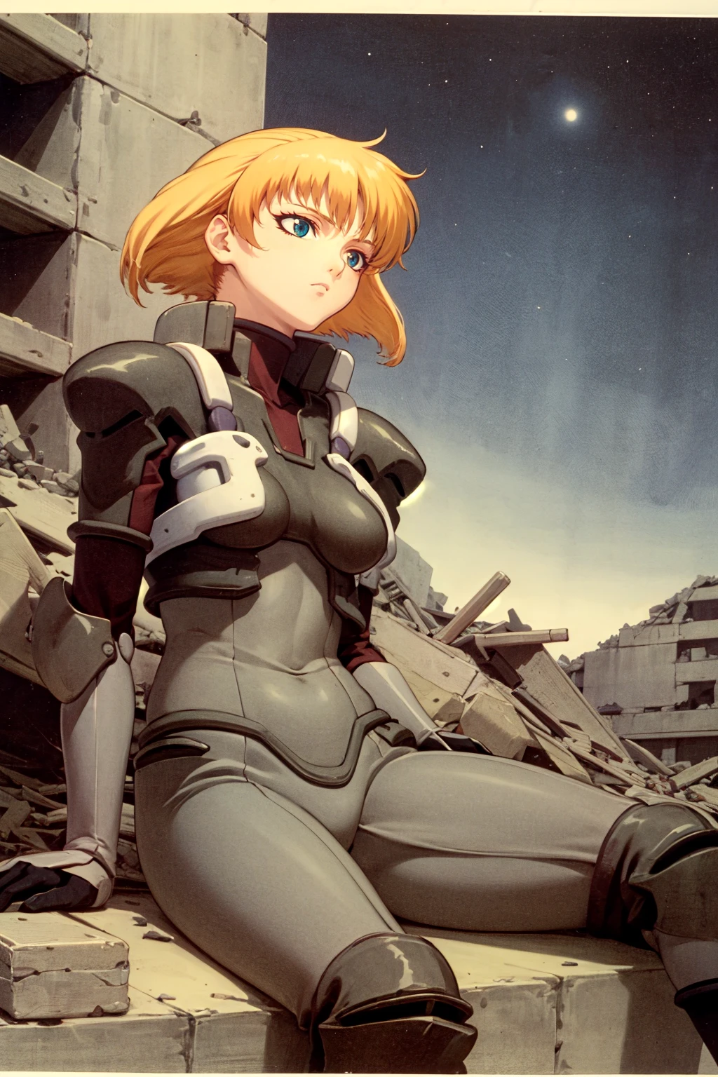 retro artstyle, marlenan, solo, bodysuit, gloves, knee pads, boots, sitting, dark sky, ruins, rubble, cowboy shot, cloudy sky <lora:marlenan_V3-09:0.80>